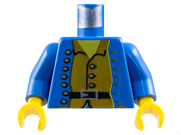 LEGO minifigure torso with blue pirate jacket open over brown shirt, silver buttons, black belt with buckle, yellow arms and hands.