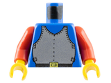 Blue LEGO torso featuring a silver breastplate armor pattern, black belt with yellow buckle, red arms, and yellow hands.