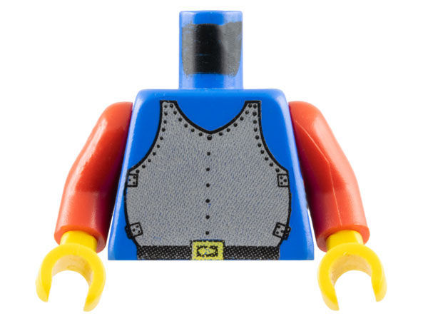 Blue LEGO torso featuring a silver breastplate armor pattern, black belt with yellow buckle, red arms, and yellow hands.