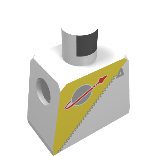 LEGO 973p6e white torso with angled yellow Futuron uniform panel, classic space logo, and jagged gold zipper.