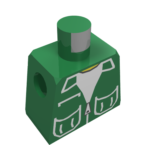 LEGO 973p73 dark green minifigure torso with Town Vest, patch pockets, and white shirt pattern.