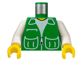 LEGO minifigure torso, green vest with patch pockets over white shirt pattern, white arms, yellow hands.