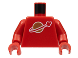 Red LEGO minifigure torso with red arms and hands, featuring a classic space moon logo print on the front.