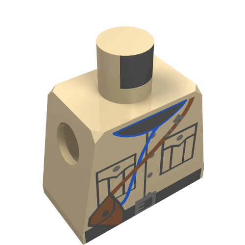 Tan LEGO torso with dark gray shirt collar, two chest pockets with buttons, belt with buckle, brown diagonal strap with pouch, and blue cord.