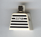 White LEGO prison shirt torso with black horizontal stripes and number '23768' in thick font.