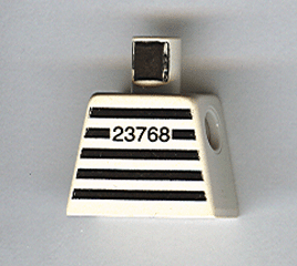 White LEGO prison shirt torso with black horizontal stripes and number '23768' in thick font.
