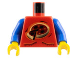 LEGO red torso with blue arms, yellow hands, and a printed pizza with a cut slice pattern.