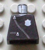 LEGO 973pb0079 dark gray torso, police leather jacket pattern with thin white zippers and a white shield badge.