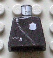 LEGO 973pb0079 dark gray torso, police leather jacket pattern with thin white zippers and a white shield badge.