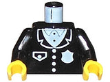 LEGO minifigure torso, black police suit with white badge, pocket, light blue shirt, black tie, white buttons, black arms, yellow hands.