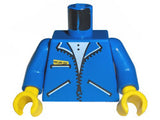 Blue LEGO minifigure torso with zipper jacket pattern, white shirt, 3 pockets, blue arms, and yellow hands.