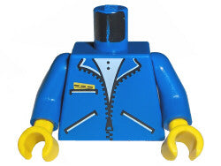 Blue LEGO minifigure torso with zipper jacket pattern, white shirt, 3 pockets, blue arms, and yellow hands.