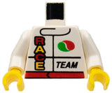 White LEGO torso with racing jacket pattern, Octan logo, red belt, 'RACE' and 'TEAM' text, white arms, yellow hands.