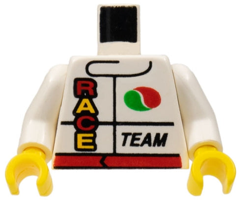 White LEGO torso with racing jacket pattern, Octan logo, red belt, 'RACE' and 'TEAM' text, white arms, yellow hands.