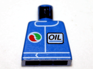 Blue LEGO 973pb0106b minifigure torso with Octan logo on left and italic 'OIL' text in a white box on right chest.