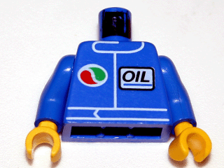 Blue LEGO minifigure torso with Octan logo and 'OIL' text on chest, featuring blue arms and yellow hands.