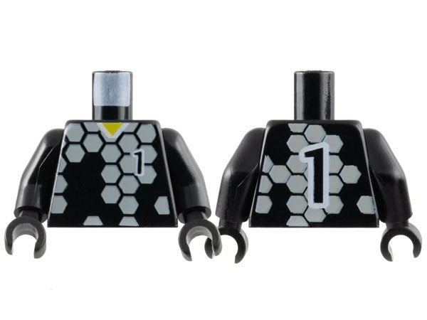 LEGO black torso with soccer uniform print: light gray hexagons, number 1 on front and back, and yellow neck.