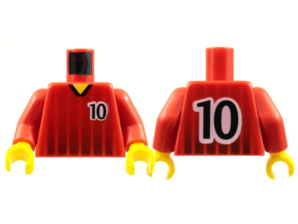 Red LEGO soccer torso with black fading stripes and number 10 print on front and back, with red arms and yellow hands.