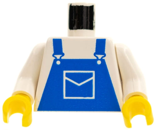 LEGO white torso with blue overalls pattern, white envelope pocket, white arms, and yellow hands.