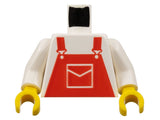 LEGO white torso with red overalls, white envelope pocket pattern, white arms, and yellow hands.