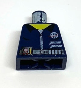 Dark blue LEGO minifigure torso 973pb0221 with Alpha Team logo, yellow collar, zipper, utility belt, and gauge.