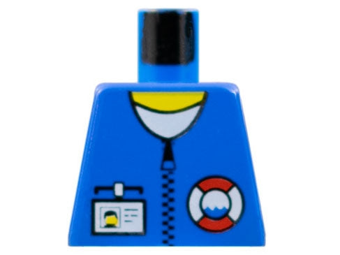 Blue LEGO torso with white collar, yellow trim, black zipper, name tag, and red/white lifebuoy with blue wave.