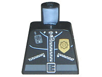 Black LEGO torso with police leather jacket pattern, featuring a gold badge, radio, central zipper, and belt with buckle.