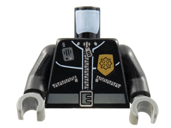 Black LEGO torso with police leather jacket, gold badge, radio, and belt pattern. It has black arms and dark bluish-gray hands.