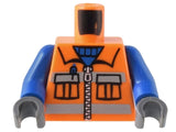 LEGO orange torso with a zipper vest, pockets, and blue shirt pattern, blue arms, and dark bluish-gray hands.