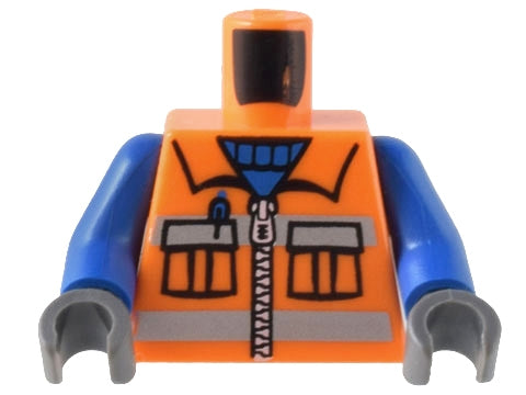 LEGO orange torso with a zipper vest, pockets, and blue shirt pattern, blue arms, and dark bluish-gray hands.