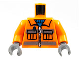 LEGO orange construction uniform torso with dark gray pockets, silver zipper, reflective stripes, blue sweater, and dark bluish gray hands.