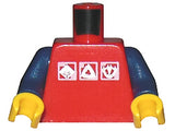 Red LEGO torso with dark blue arms and yellow hands, featuring three white & silver Gravity Games logos.