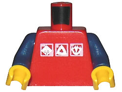 Red LEGO torso with dark blue arms and yellow hands, featuring three white & silver Gravity Games logos.
