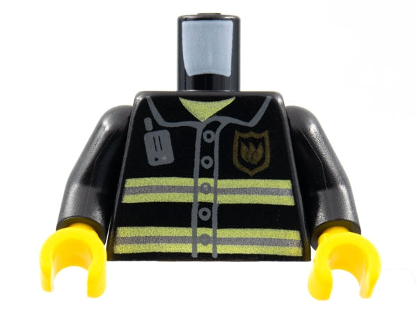Black LEGO torso with fire uniform, gold badge, silver stripes, grey radio, and yellow hands.