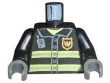 LEGO 973pb0300c02 black fire uniform torso with gold badge, silver stripes, dark bluish gray radio, and dark bluish gray hands.