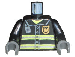 LEGO 973pb0300c02 black fire uniform torso with gold badge, silver stripes, dark bluish gray radio, and dark bluish gray hands.