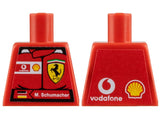 Red LEGO minifigure torso, Ferrari racing suit with M. Schumacher name, Vodafone and Shell logos on front and back.