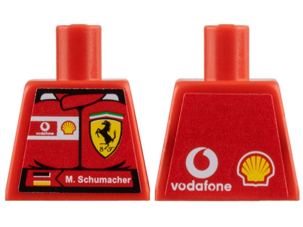 Red LEGO minifigure torso, Ferrari racing suit with M. Schumacher name, Vodafone and Shell logos on front and back.