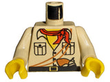 LEGO minifigure torso, tan shirt with buttons, pockets, black belt, yellow buckle, brown pistol, ropes, red bandana, yellow neck, tan arms, yellow hands.