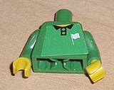 Green LEGO 973pb0426c01 torso with green arms, yellow hands, black collar, yellow neckline, and white flag pattern.