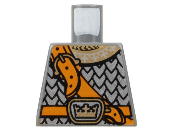 LEGO minifigure torso: silver scale mail armor, gold collar, dark orange shoulder strap & belt with crown buckle.