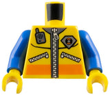 LEGO yellow jacket torso with orange stripe, silver zipper, radio, City Coast Guard logo, reflective stripes, blue arms, yellow hands.