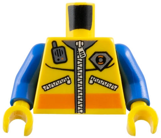 LEGO yellow jacket torso with orange stripe, silver zipper, radio, City Coast Guard logo, reflective stripes, blue arms, yellow hands.