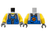 Front and back views of a LEGO Power Miners torso with blue vest, pockets, drill tip, yellow arms, and dark bluish gray hands.