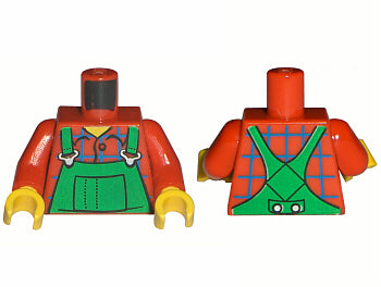 LEGO 973pb0547c01 torso: red shirt with blue windowpane check, green farmer overalls, printed back, yellow hands, front/back.