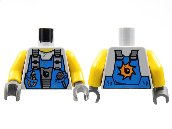 Front and back view of a LEGO torso with a blue Power Miners vest, tools, bomb pattern, yellow arms, dark bluish gray hands.