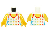 Two LEGO minifigure torsos, white tank top with rainbow stars pattern, yellow neck, shoulders, arms, and hands.