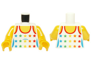 Two LEGO minifigure torsos, white tank top with rainbow stars pattern, yellow neck, shoulders, arms, and hands.