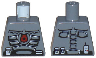 Front and back views of a gray LEGO minifigure torso (973pb0575) with a Space Police 3 Officer pattern, including a red star.