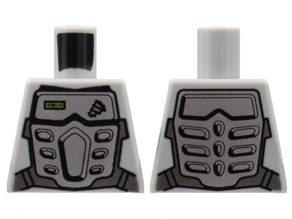 LEGO 973pb0616 Power Miners torso with silver body armor. Front has drill pattern & green display; back has ribbed armor.